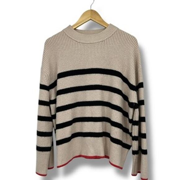 Zara Mock Neck Striped Oversized Rib-knit Sweater Women's M Cream Black - Picture 1 of 5